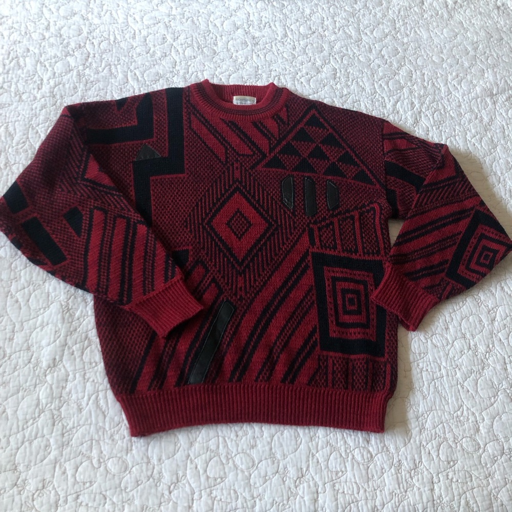Vintage 80’s 90’s Sostanza Red and Black Geometric Crewneck Sweater Size L
